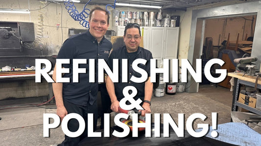 Brigham Larson stands next to one of his technicians for a youtube thumbnail photo titled "Refinishing & Polishing!"