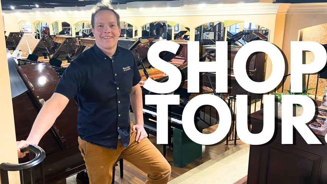 Brigham Larson Stands in front of a collection of pianos. Title reads "SHOP TOUR"