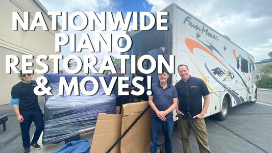 Youtube thumbnail image for a video titled "Nationwide Piano Restoration & Moves!" Brigham stands besides two technicians in front of a piano moving truck.