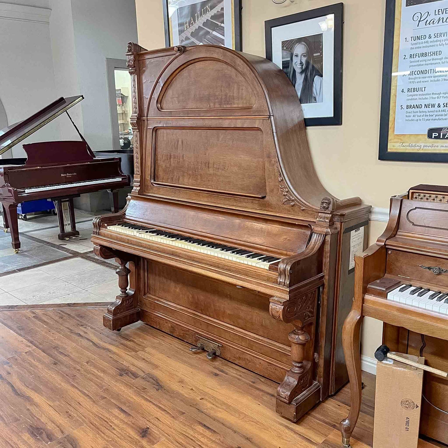 CURRENT SHOP WORK - 1885 Schimmel & Nelson 74" Wood Finish Commissioned Upright Verti-Grand Piano