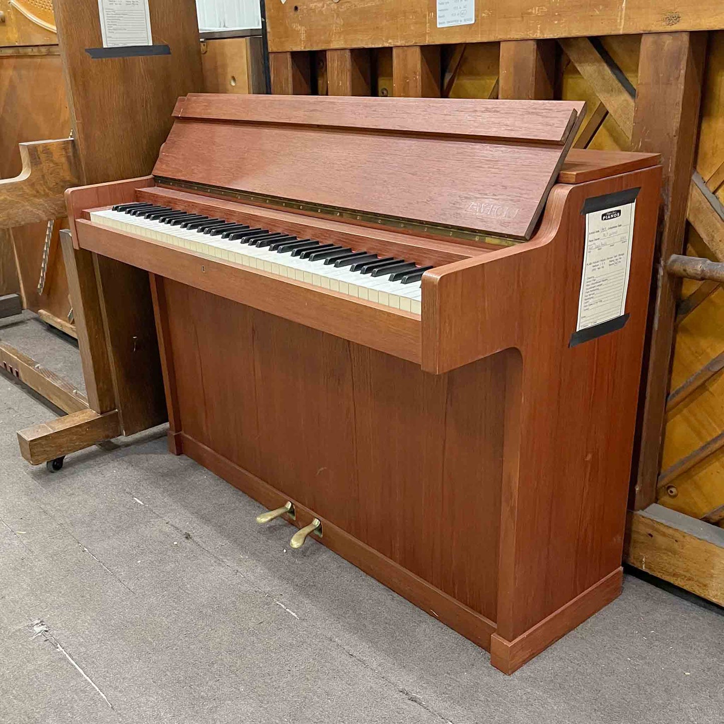 AVAILABLE TO RESTORE: CALL FOR CUSTOM PRICING - 1960 Louis Zwicki 36" Teak Wood Finish Spinet Piano