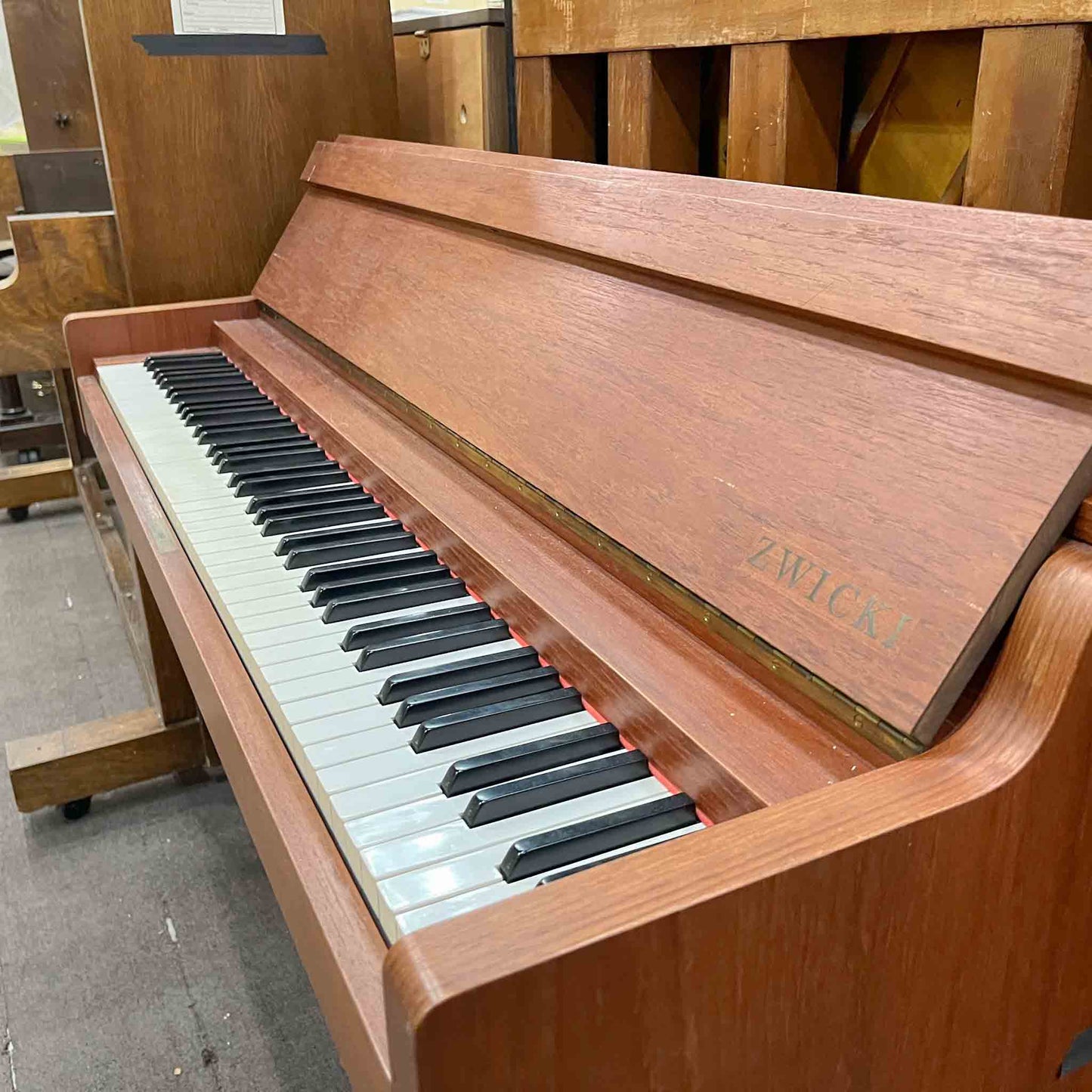 AVAILABLE TO RESTORE: CALL FOR CUSTOM PRICING - 1960 Louis Zwicki 36" Teak Wood Finish Spinet Piano