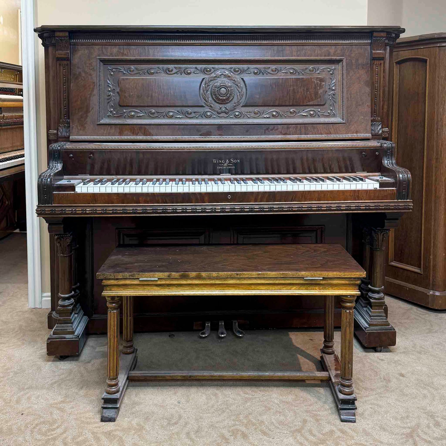 1908 Wing & Son 57" Wood Finish Upright Piano