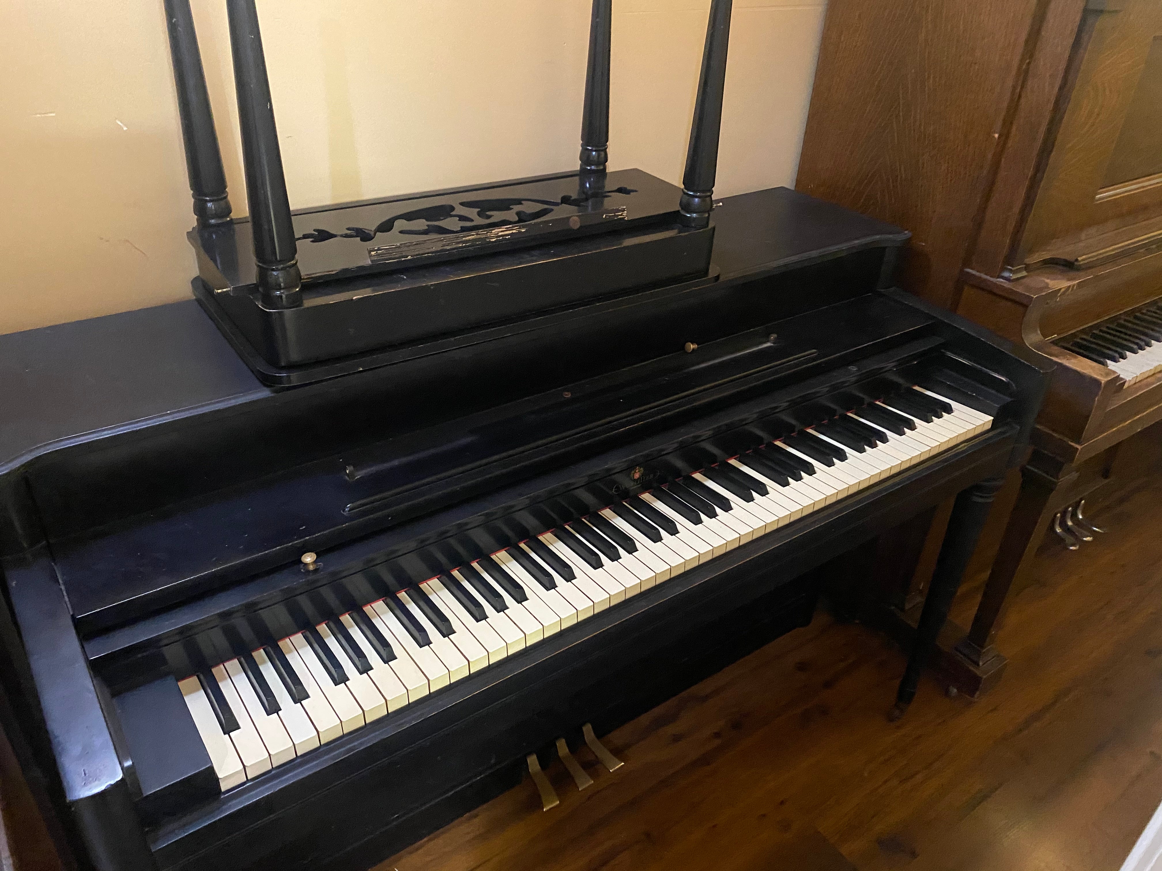 SOLD Wurlitzer Spinet Satin Black Piano - Brigham Larson Pianos